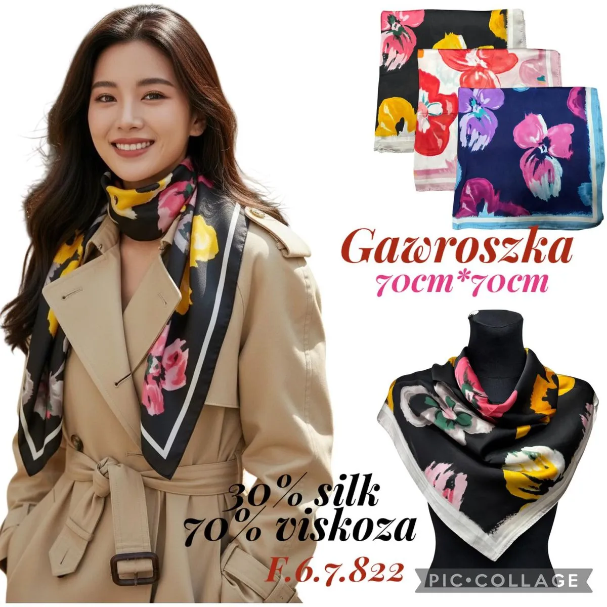 Szaliki damskie kwieciste 70cm x 70cm 30% silk