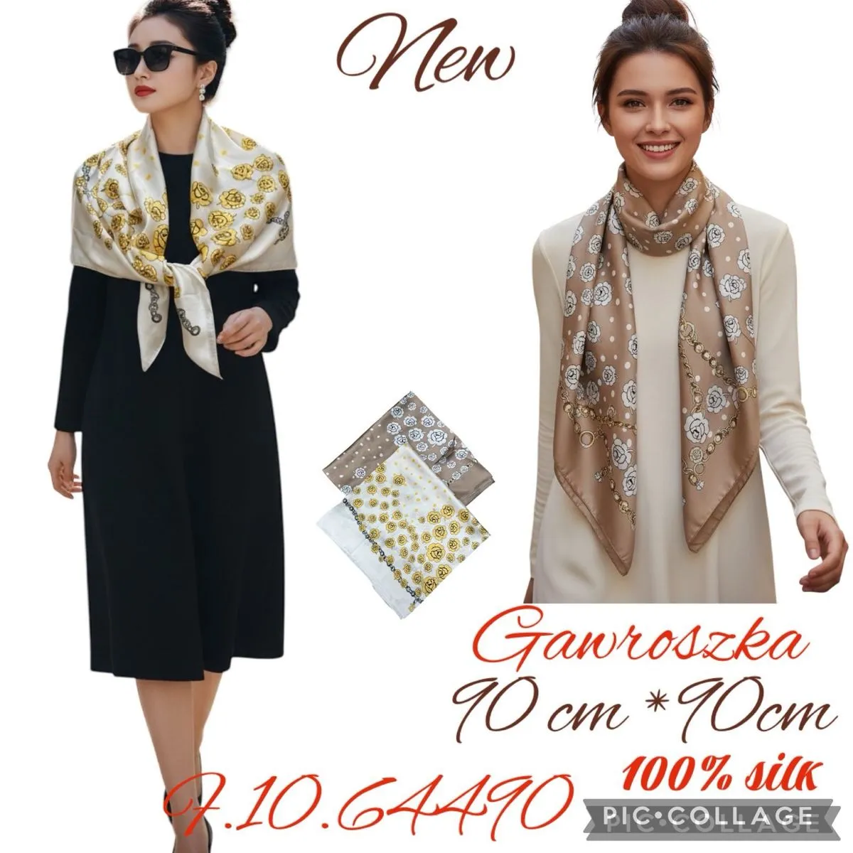 Chusta damska jedwabna 100% 70x70cm kwiatowy wzór