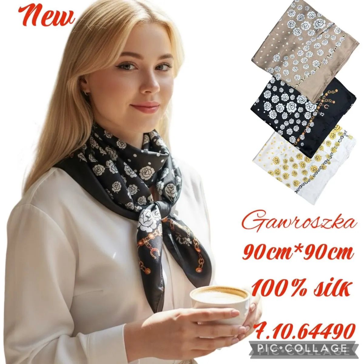 Gawroszka damska jedwabna 90x90cm kwiatowy wzór
