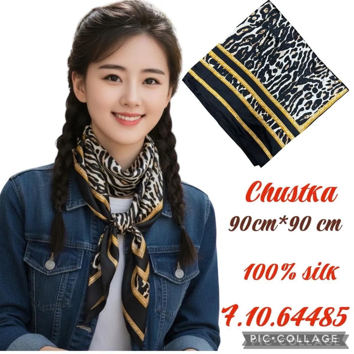 Chustka damska jedwabna 90x90 cm wzór leopard czarno-złoty