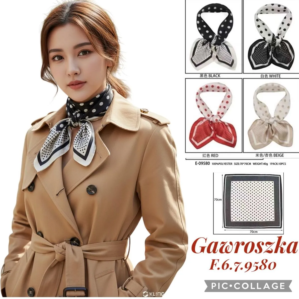 Szaliki damskie w grochy 67x95 cm czarno-białe i kolorowe