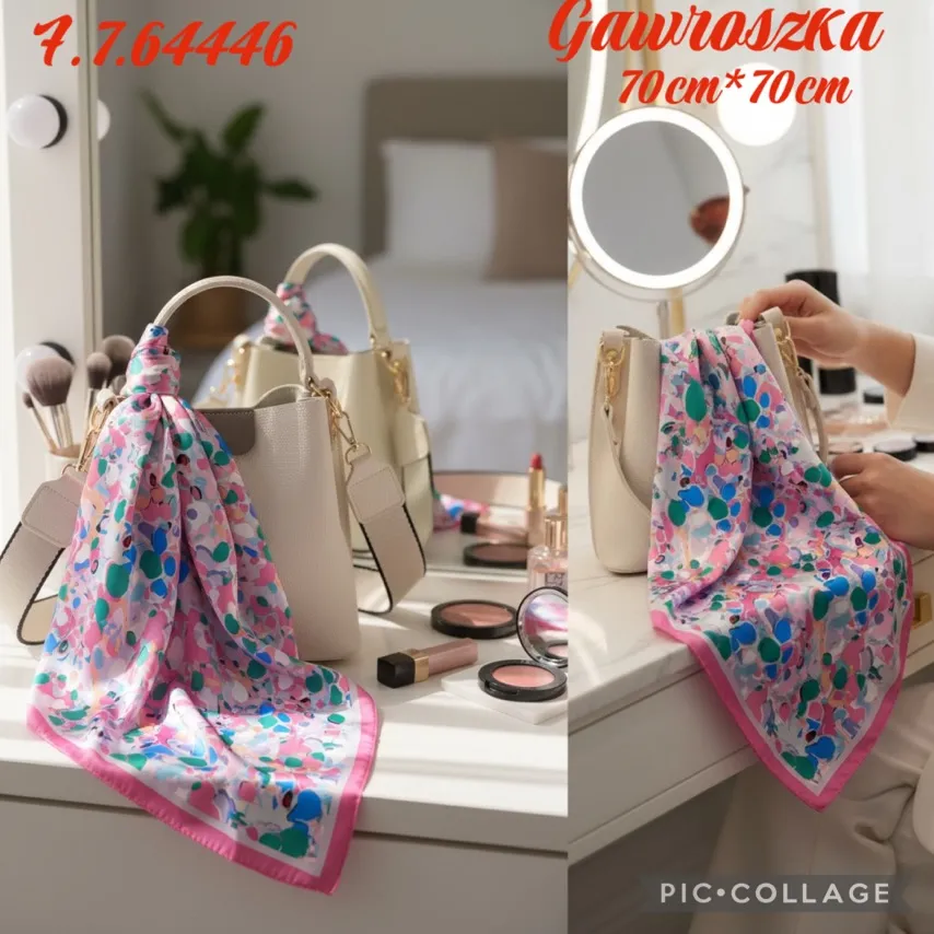 Chusta Damska Kwiatowa 70x70 cm Różowo-Niebieska
