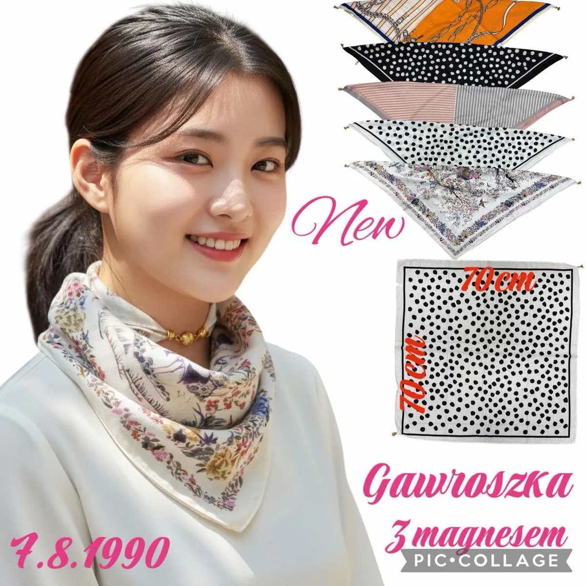Chusta Damska Kwiatowa 70x70cm Wielokolorowa