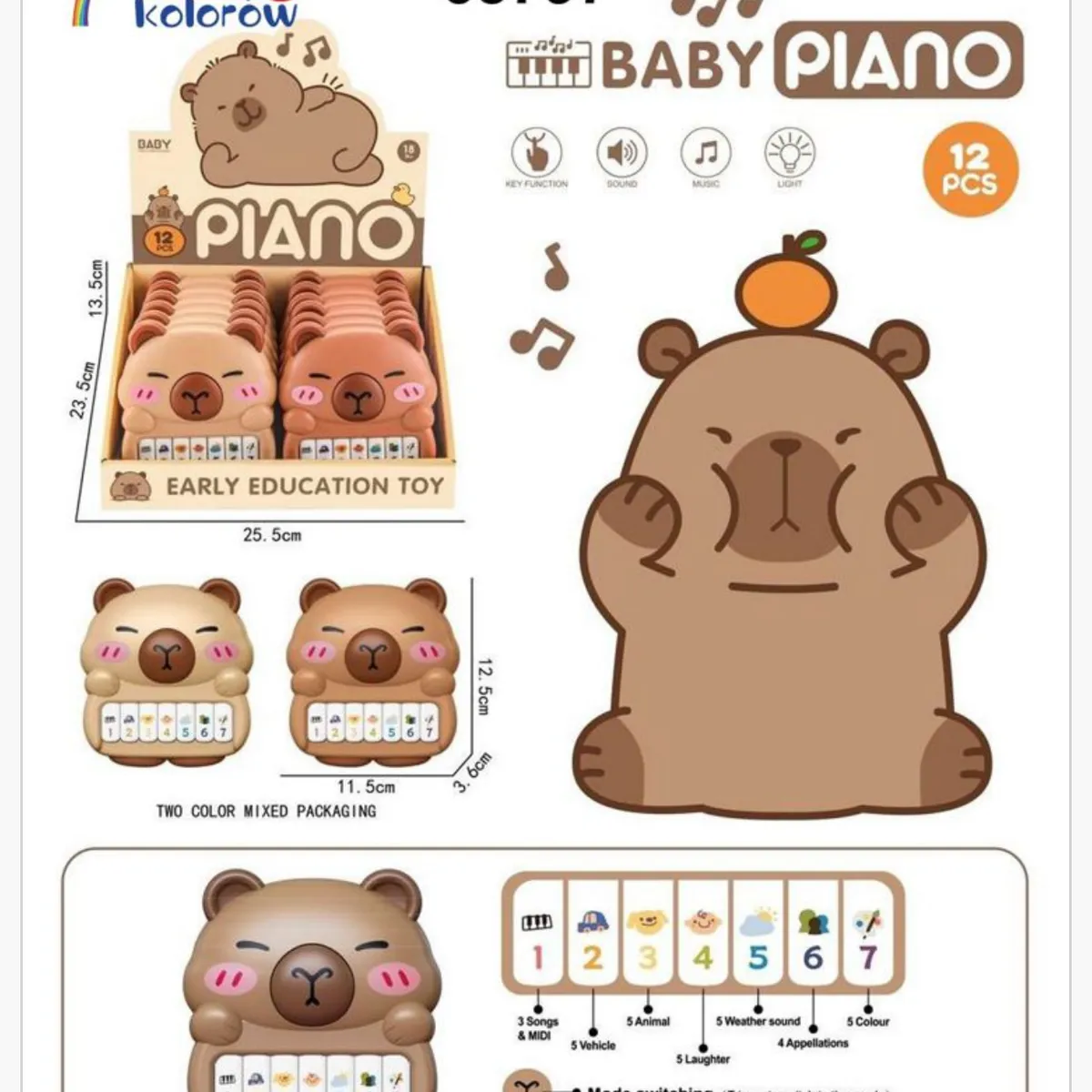 Interaktywne Zabawkowe Piano Kapibara 12,5cm Światło Dźwięk