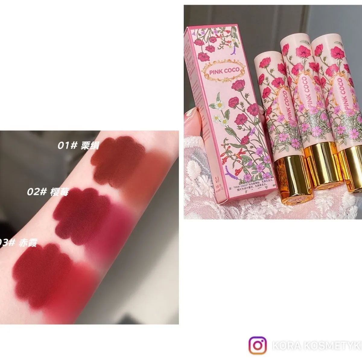 Pomadka Matowa Pink Coco Kwiatowy Wzór Mix 24 szt.