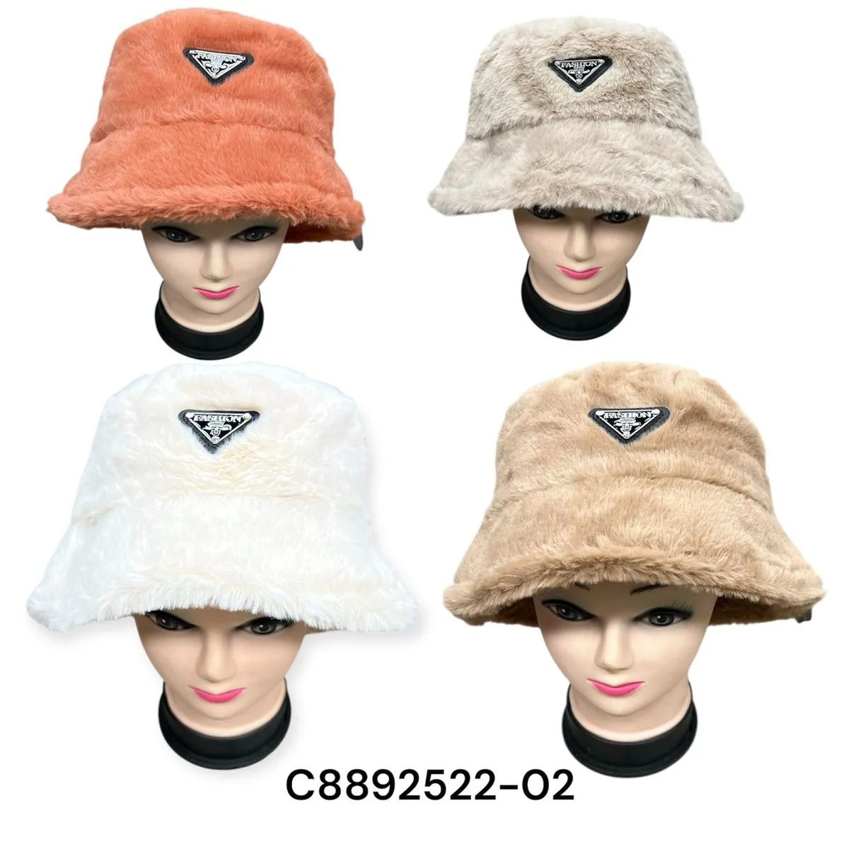 Czapki damskie futrzane bucket hat beżowe i pomarańczowe