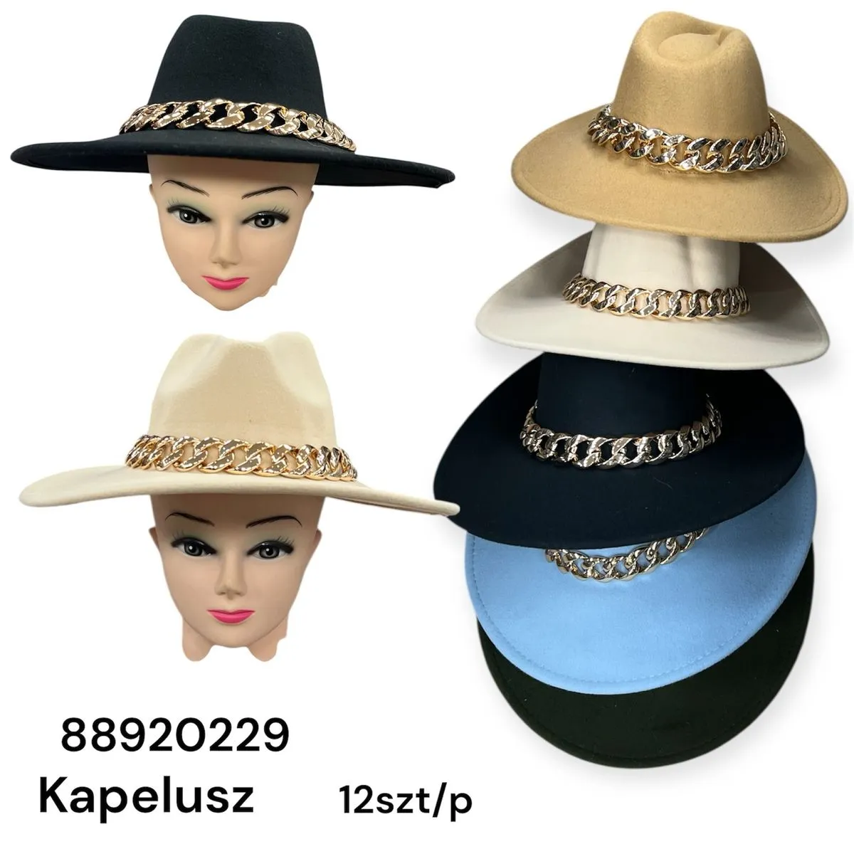 Czapki damskie typu kapelusz kowbojski z łańcuchem 12 szt