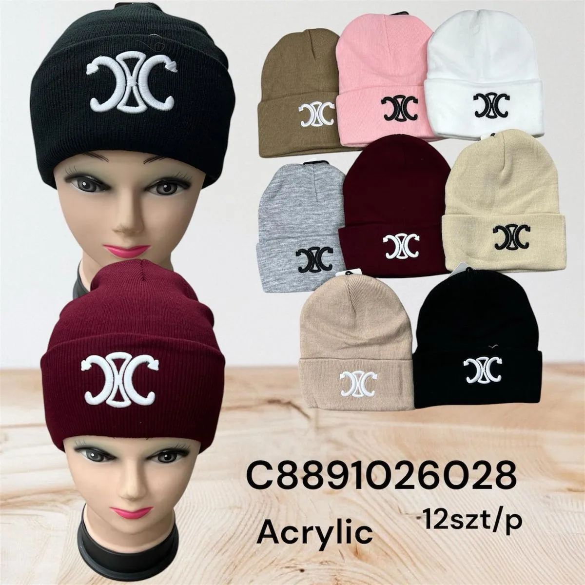 Czapki damskie beanie z akrylu, 12 szt/paczka