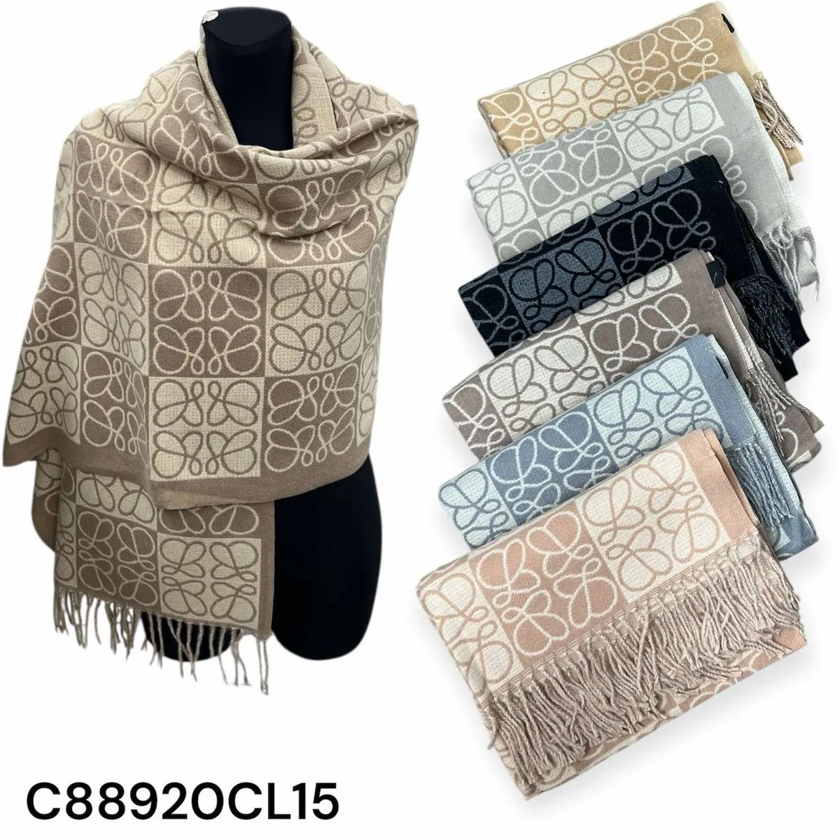 Szale damskie wzór kratka beżowo-szary C88920CL15