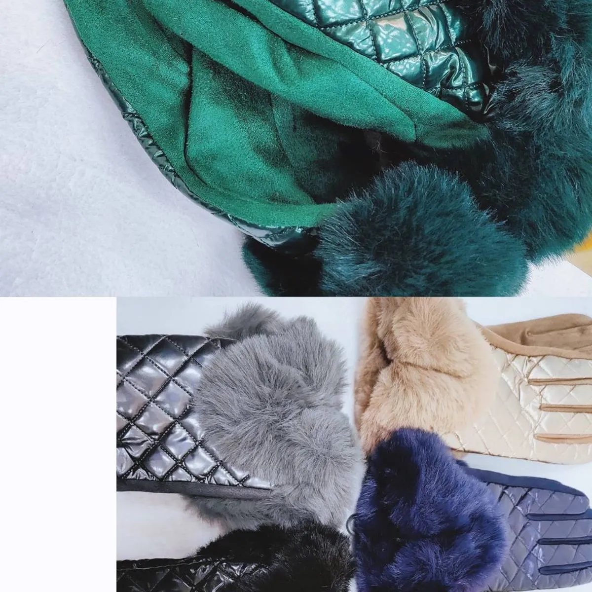Rękawiczki damskie z futerkiem, wzór quilted