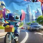 Poszewka 40x40cm Stitch Lilo & Stitch na rowerze