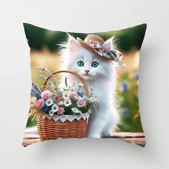Poszewka dekoracyjna 40x40cm biały kot z kwiatami