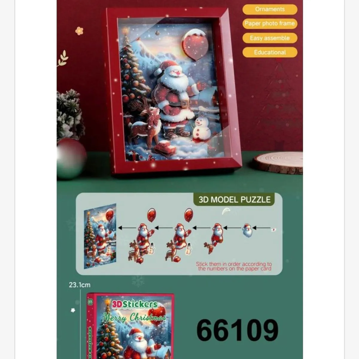 Puzzle 3D Stickers Merry Christmas 23x15 cm