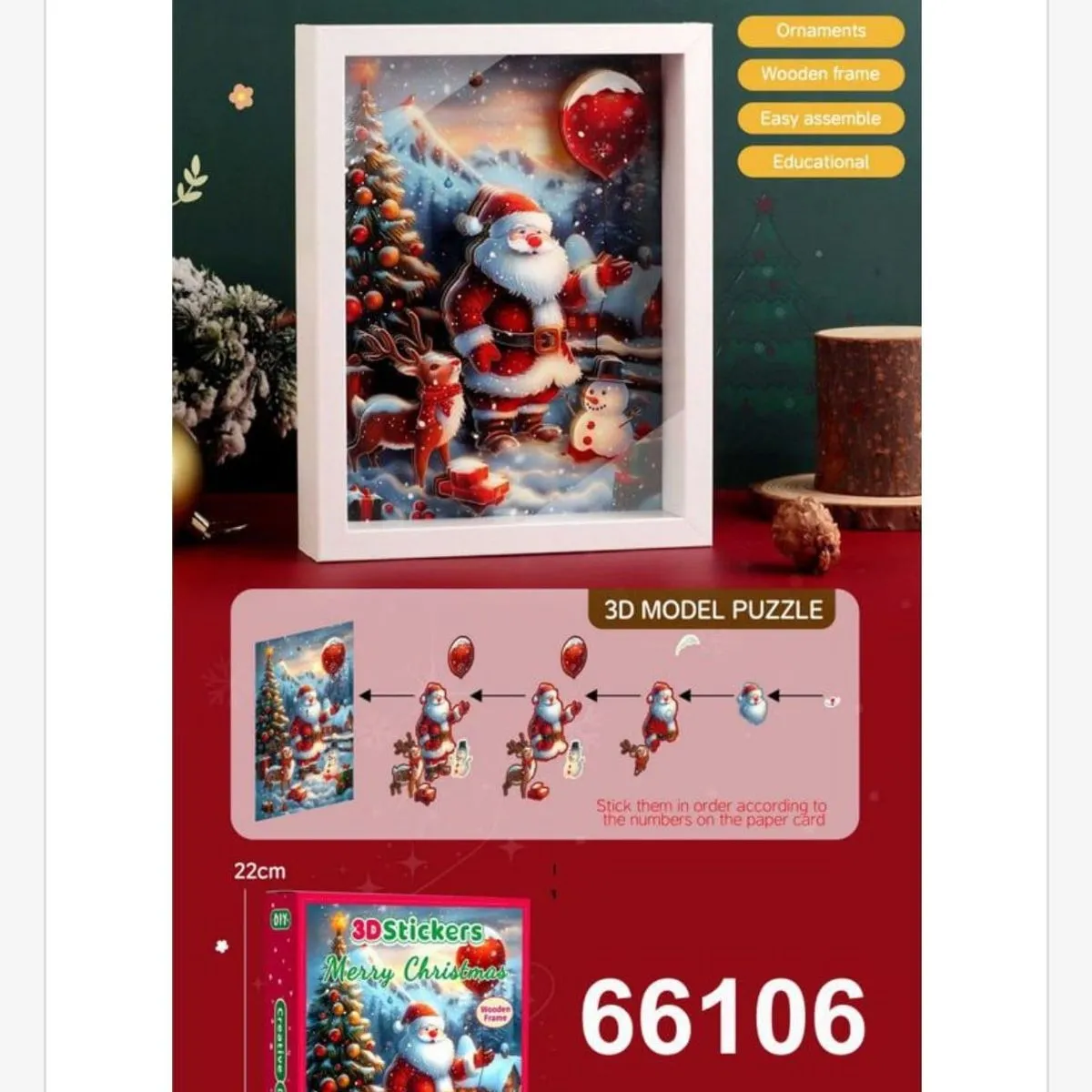 Puzzle 3D Sticker Bożonarodzeniowy Santa 22cm