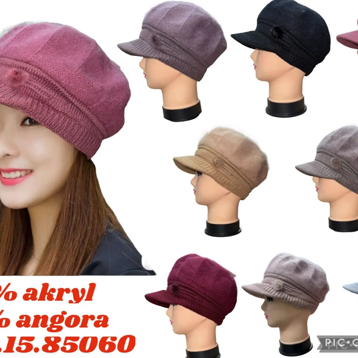 Czapki damskie z wełny 50% akryl 50% angora