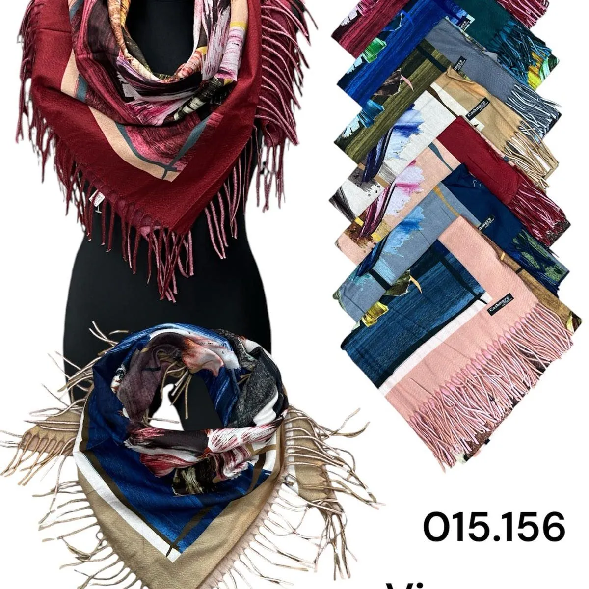 Szaliki damskie viscose wzorzyste, frędzle, mix kolorów