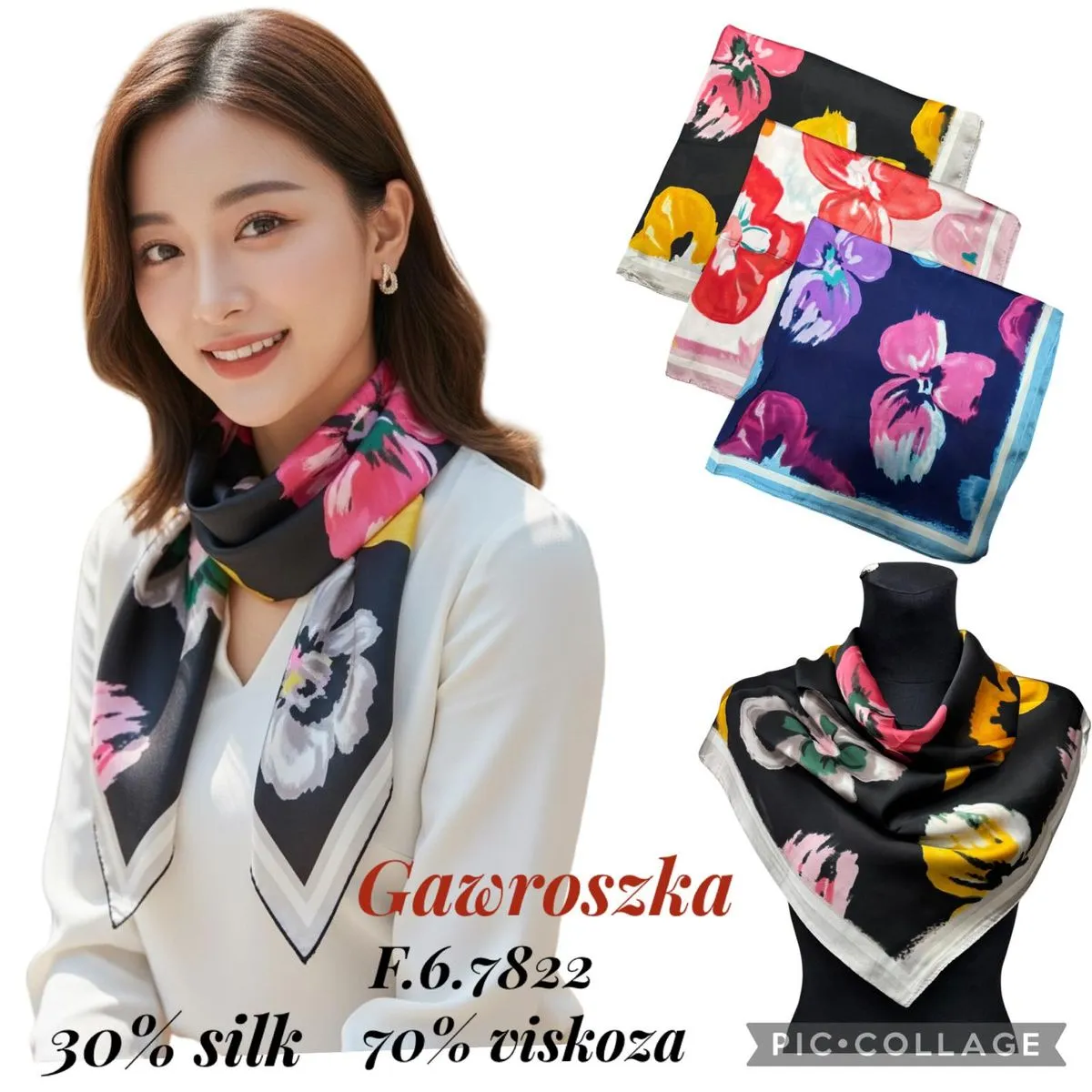 Chusty damskie kwiatowe 30% jedwab 70% wiskoza F6.7822