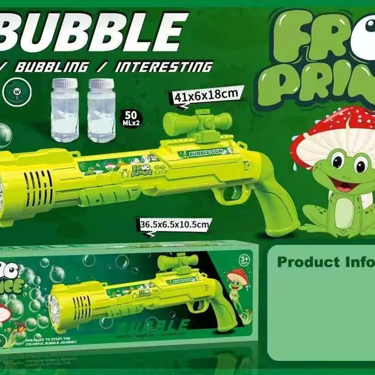 Pistolety Bubble Gun Frog Prince 36,5cm + Płyn 2x50ml