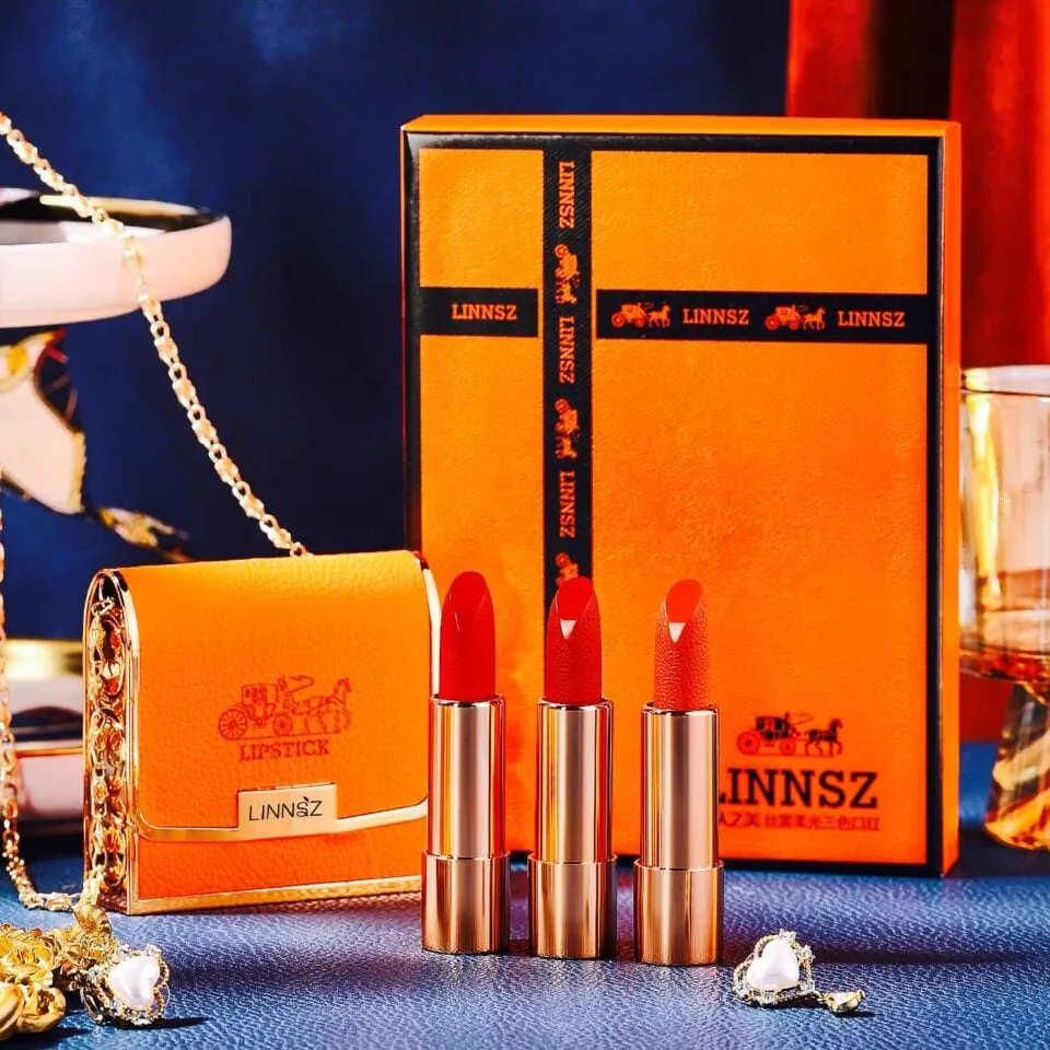 Zestaw 3 pomadek do ust LINNSZ w ozdobnym etui pomarańczowym
