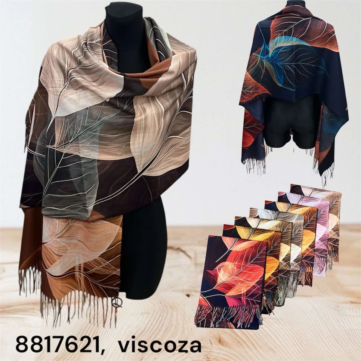 Szaliki damskie viscose z motywem liści, 12 szt