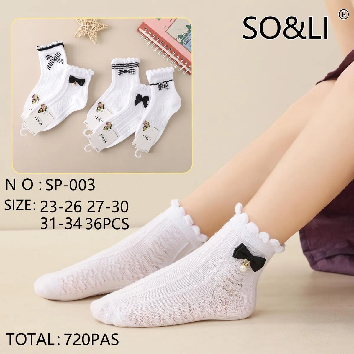 Skarpetki dla dzieci SOS&LI z kokardą, rozmiary 23-34, 36 szt