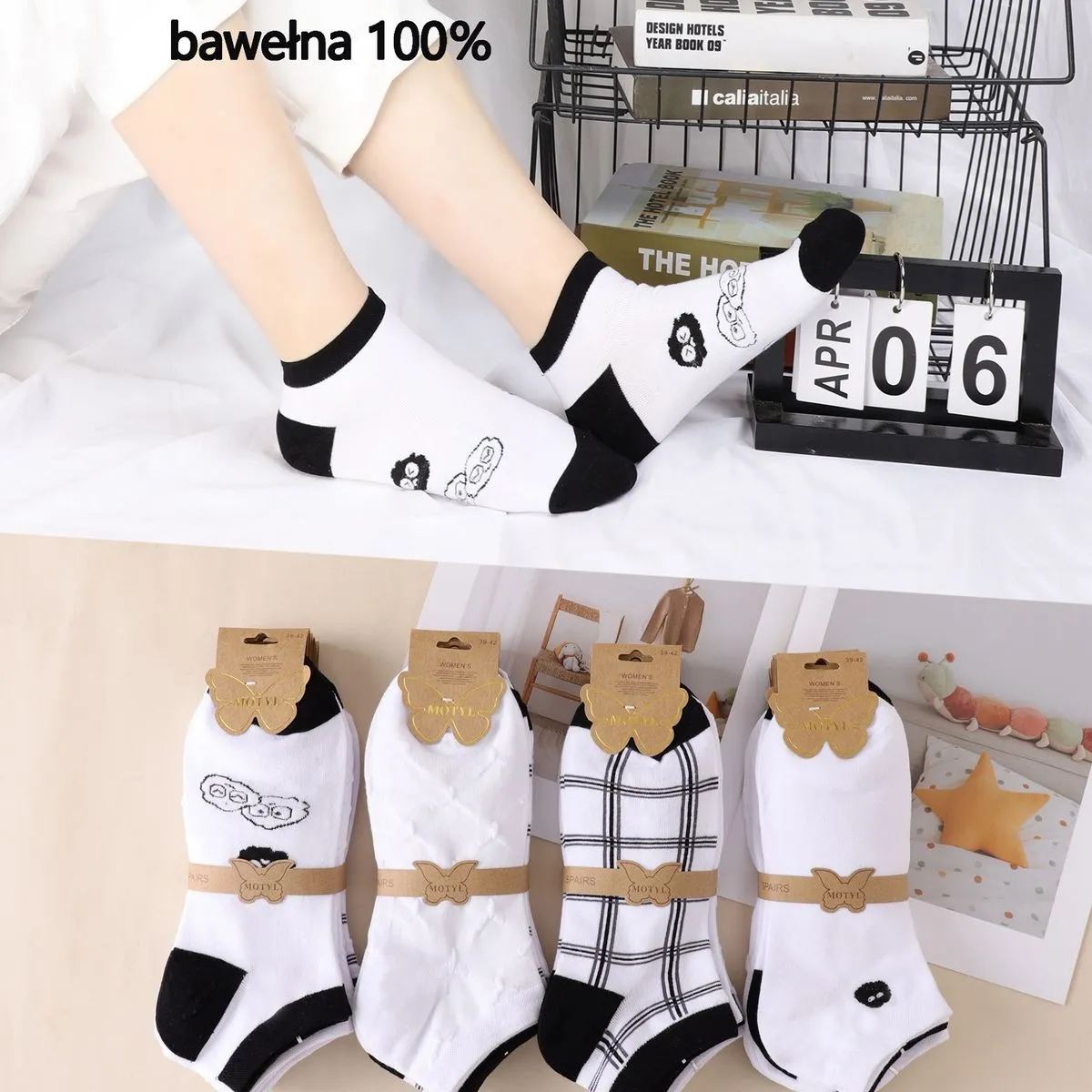 Skarpetki damskie 100% bawełna białe z czarnymi wzorami L-95