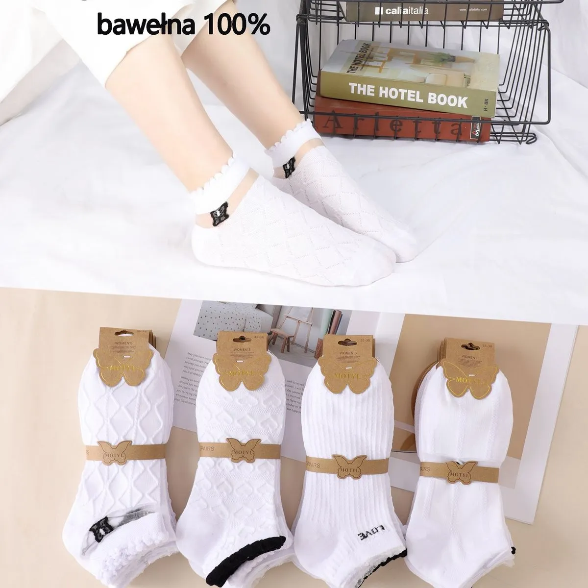 Skarpetki damskie białe bawełniane 100% motyle LN-105