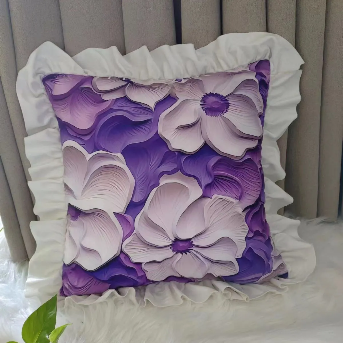 Poszewki 40x40cm fioletowe kwiaty z falbanką
