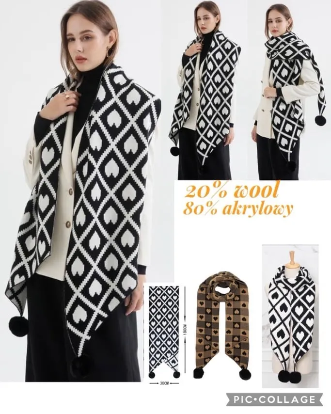 Szaliki damskie czarne-białe serca 20% wool