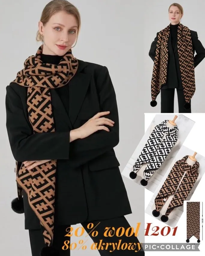 Szal damski wzór geometryczny brązowo-biały 20% wool