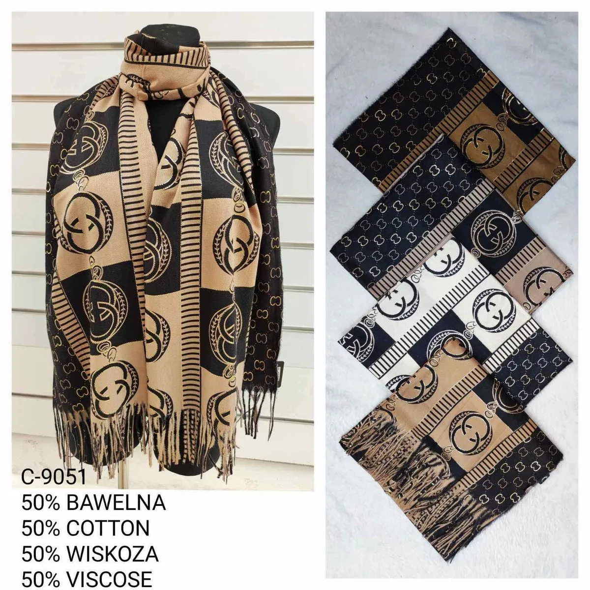 Szaliki damskie 50% bawełna 50% wiskoza wzór Gucci