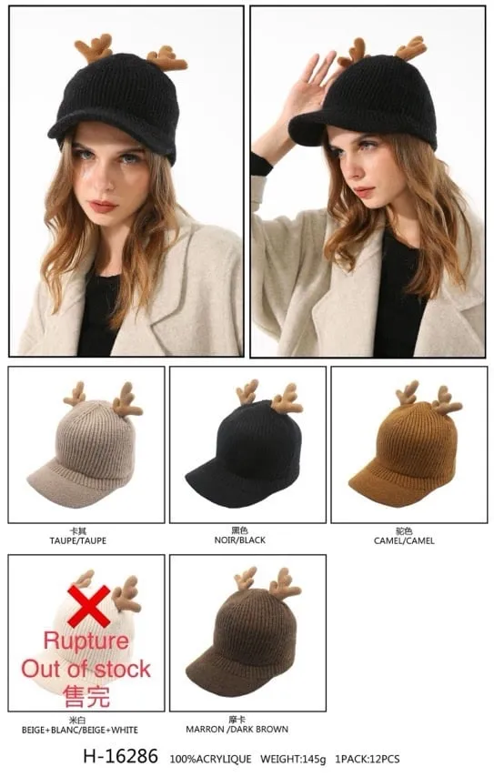 Czapki damskie beanie z rogami H-1628, 12 szt/opak.