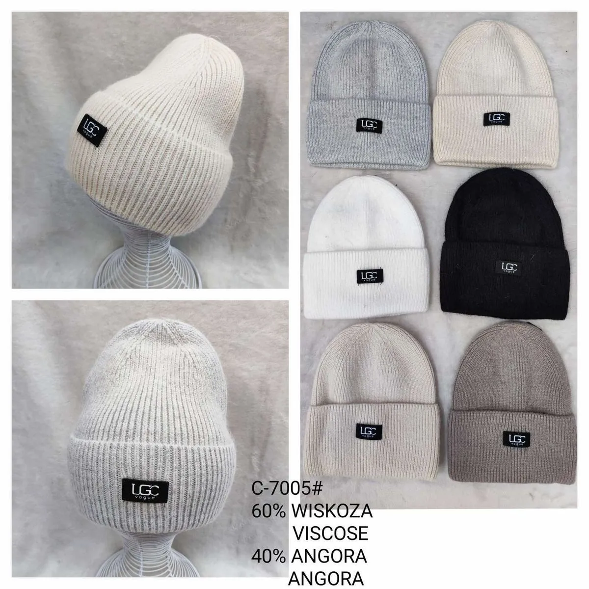 Czapki damskie beanie 60% wiskoza 40% angora