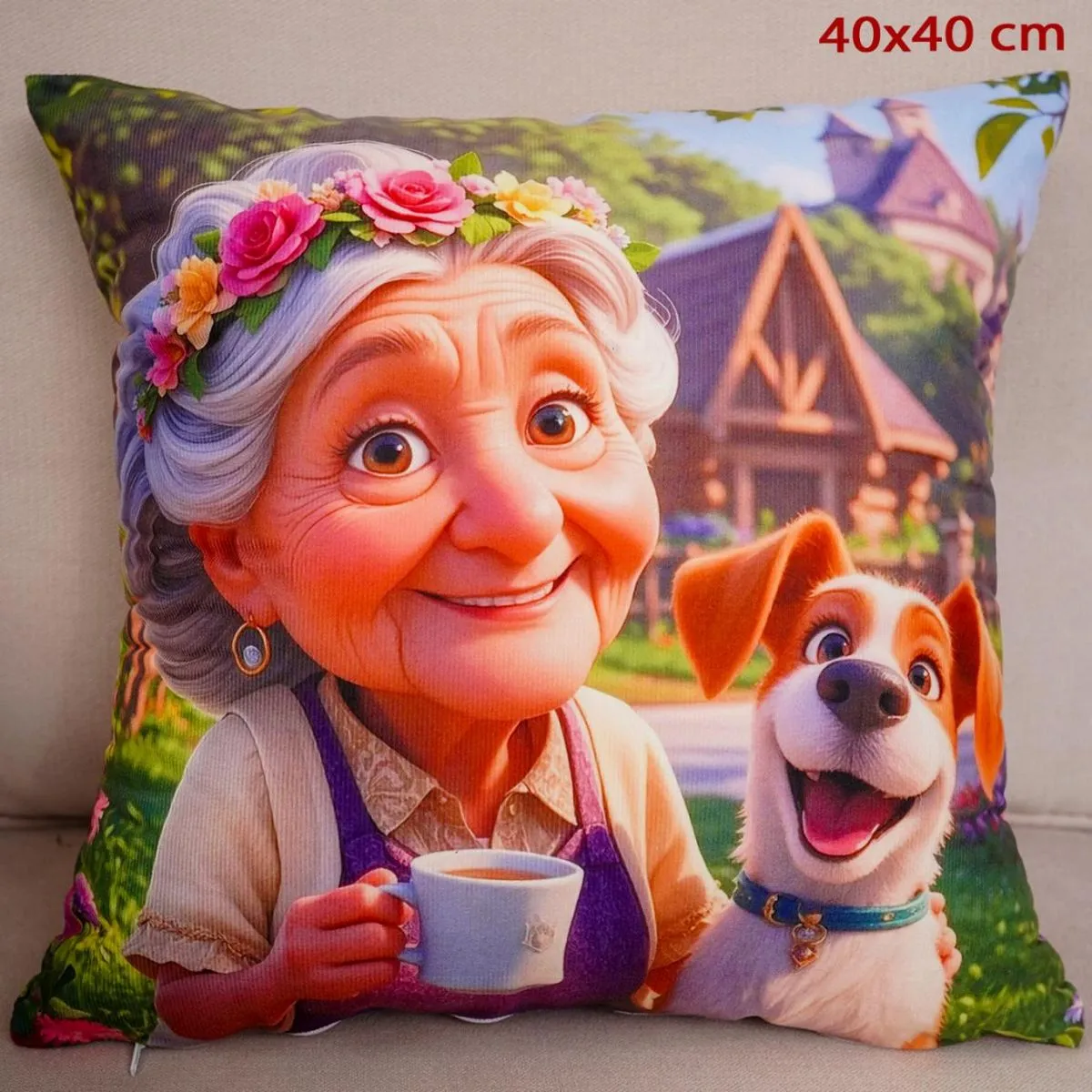 Poszewka drukowana Babcia i Dziadek z psem 40x40 cm