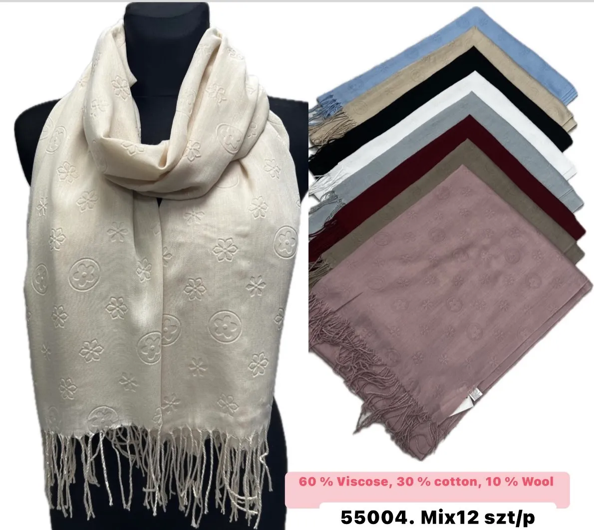 Szaliki damskie mieszane 60% wiskoza, mix 12 szt