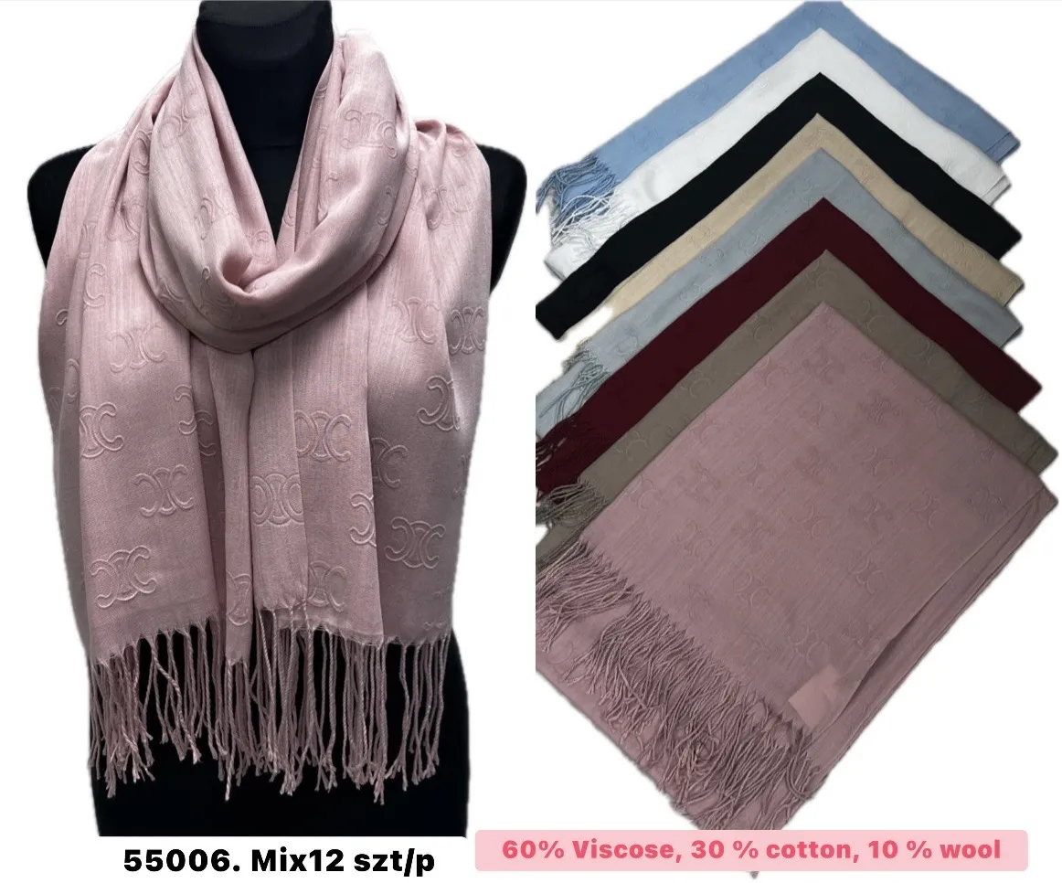 Szaliki damskie mix 12 szt 60% wiskoza 30% bawełna 10% wełna