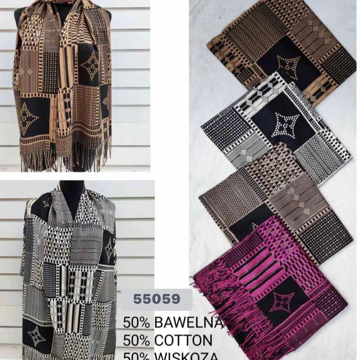 Szaliki damskie wzorzyste 50% bawełna 50% wiskoza 55059