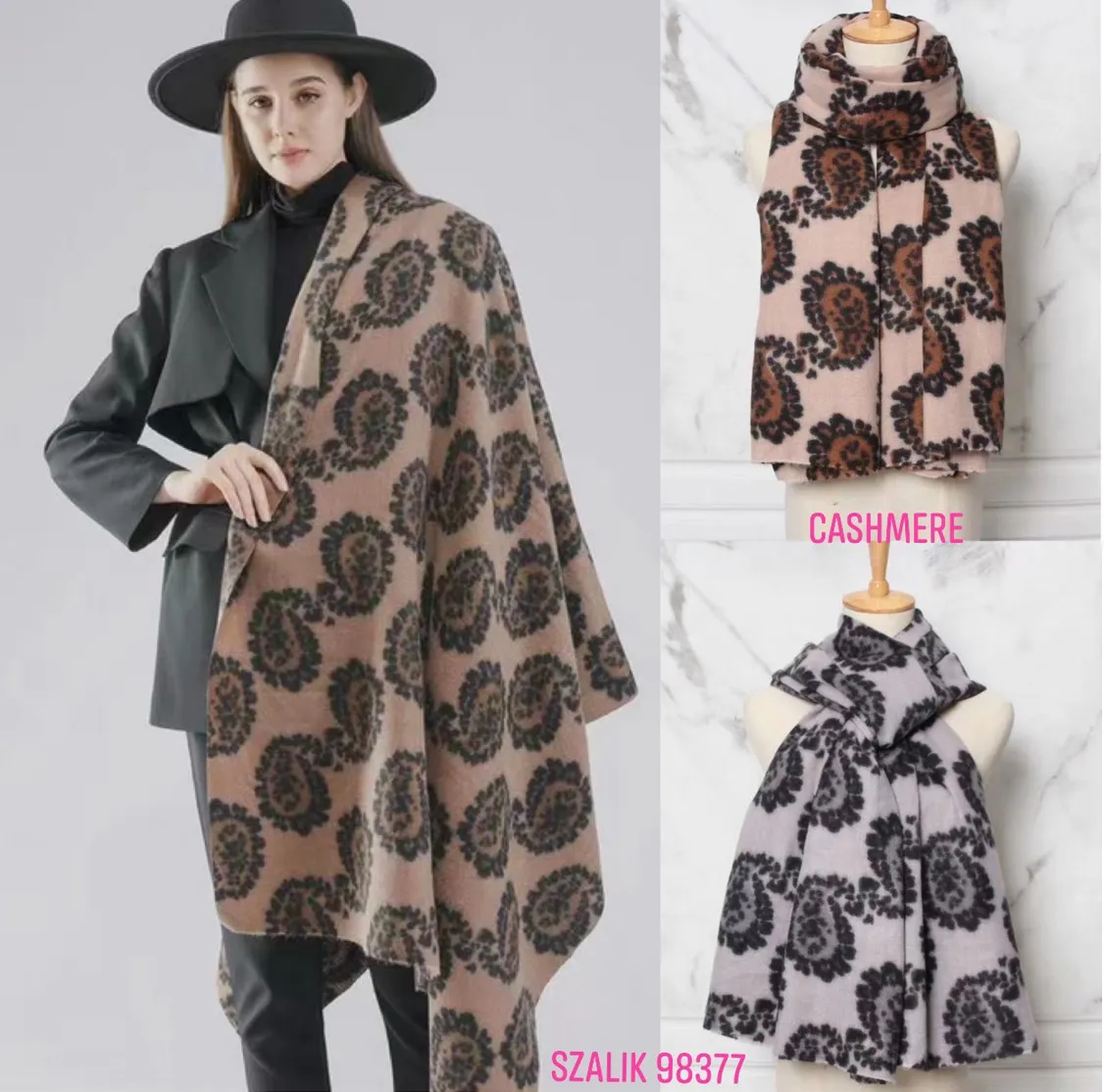 Szaliki damskie z kaszmiru wzór paisley camel i szary