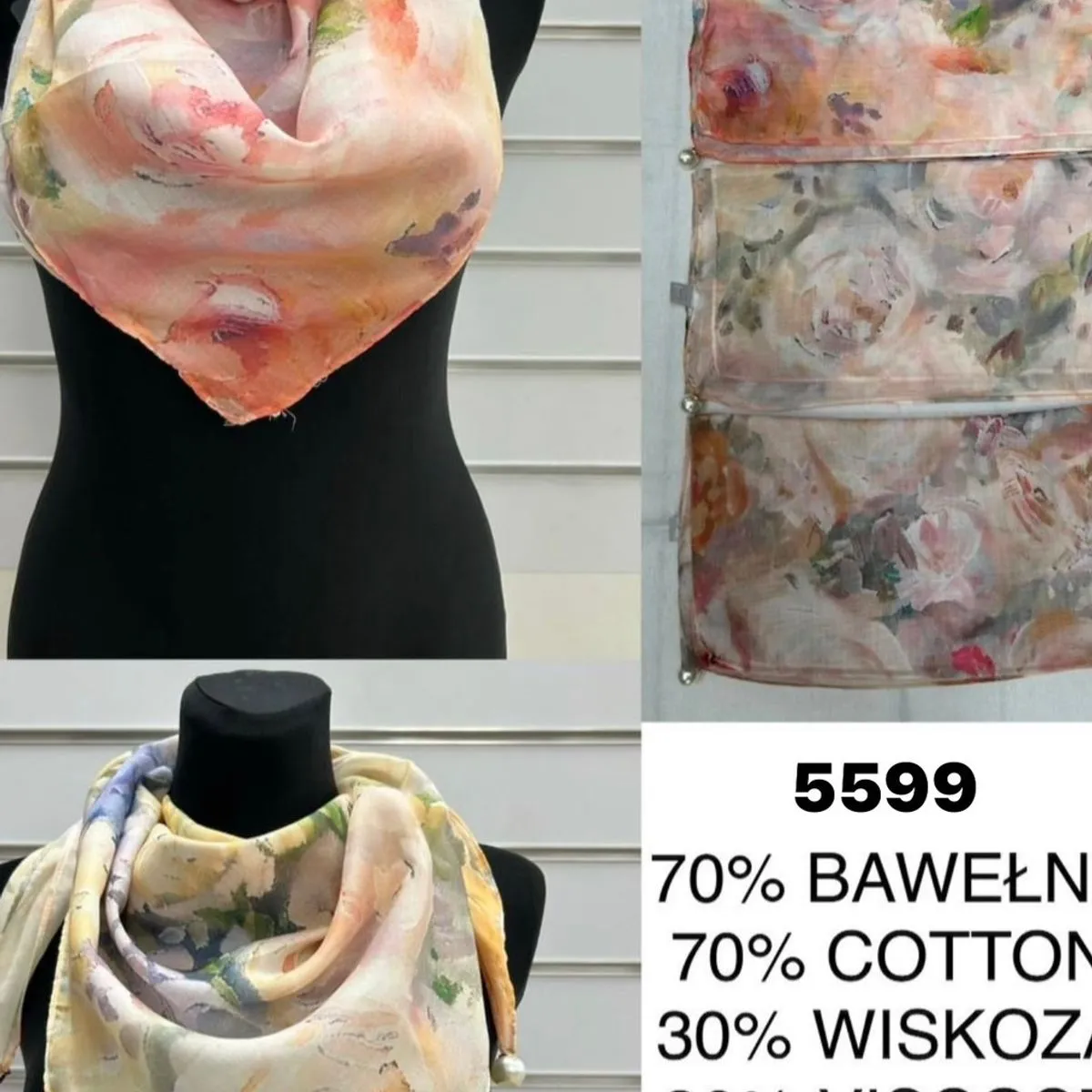 Szaliki damskie 70% bawełna 30% wiskoza 90x90 cm