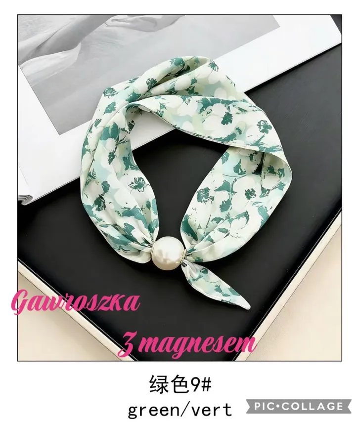 Chusta damska z magnetem i perłą zielona wzorzysta