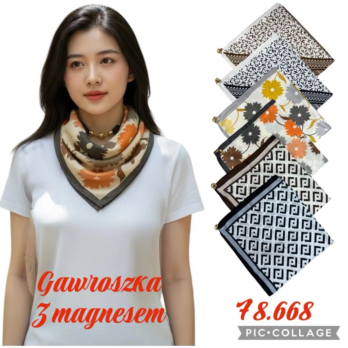 Chusta Damska Kwiatowa i Logo Fendi, 6 Wzorów