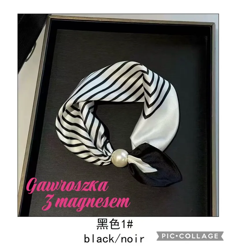 Chusta damska z magnesem i perłą, czarno-biała prążkowana