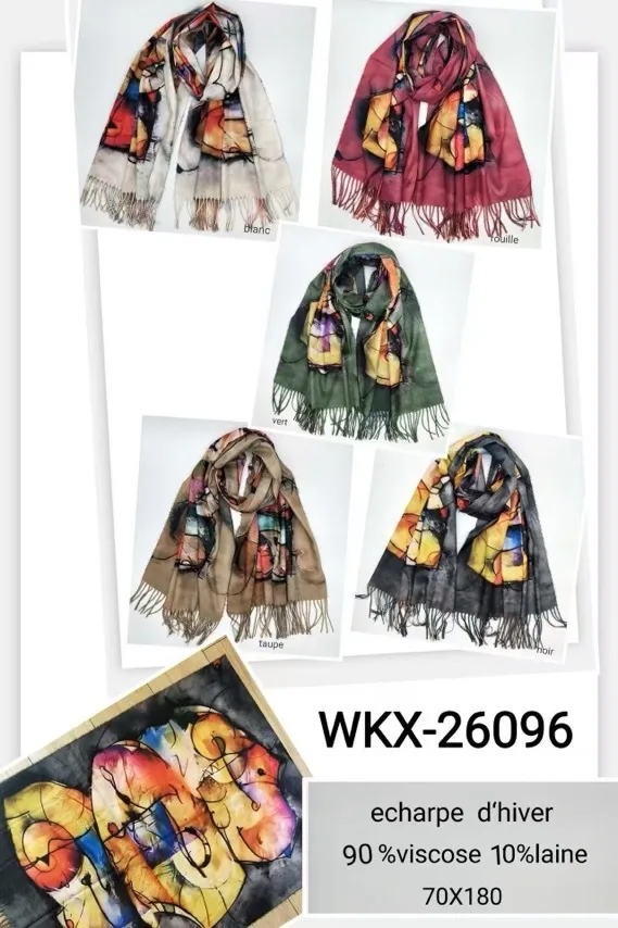Szaliki damskie wzorzyste 70x180 cm 90% wiskoza 10% laine