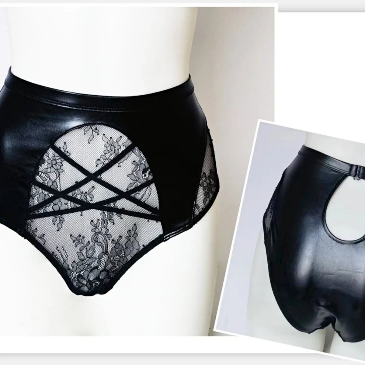 Majtki damskie czarne S.M.L XL z koronką i ekoskórą 6885