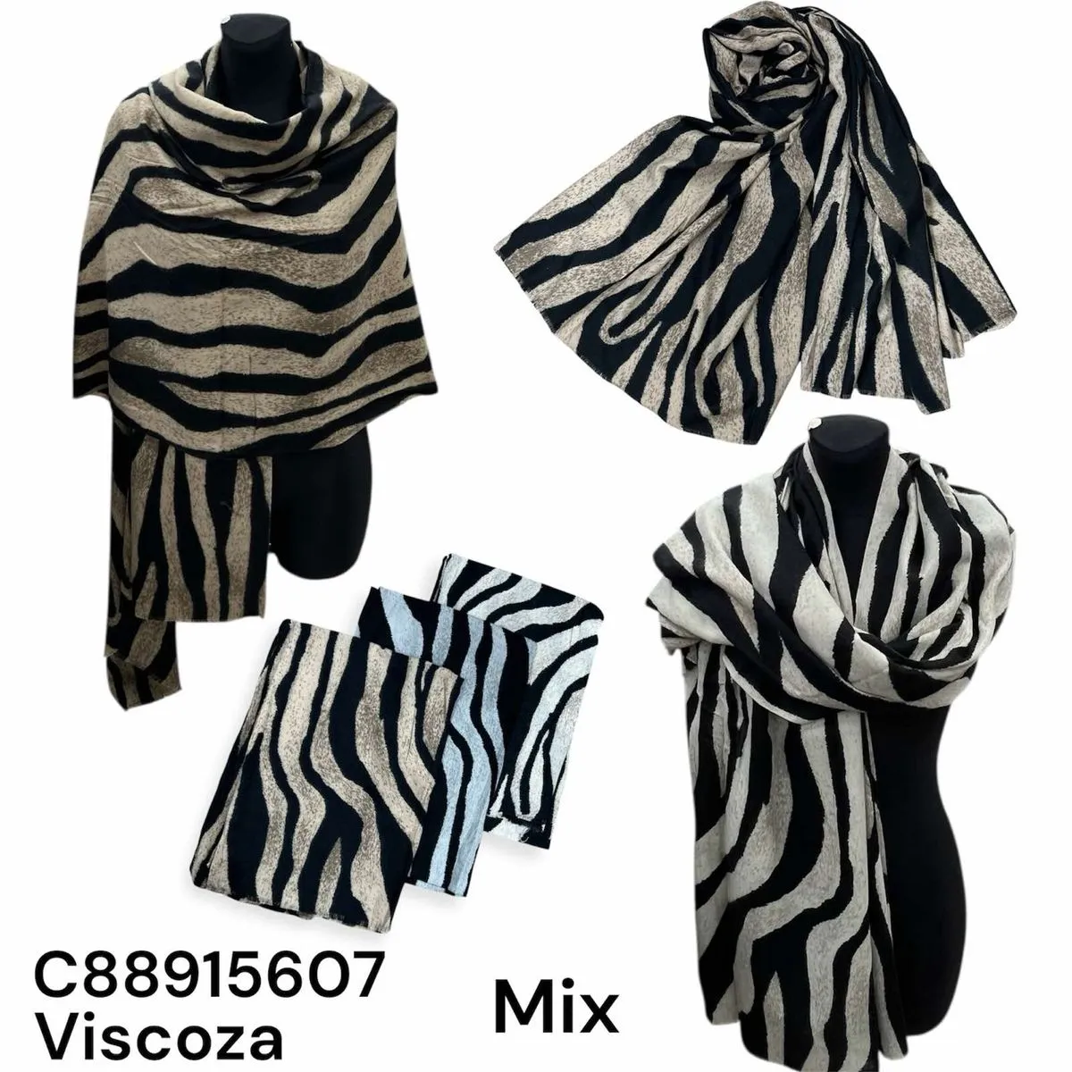 Szale damskie viscose mix wzór zebra złoty/czarny