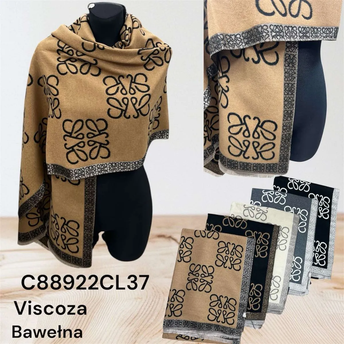 Szaliki damskie wiskozowo-bawetnowe beżowy/czarny 38922CL37