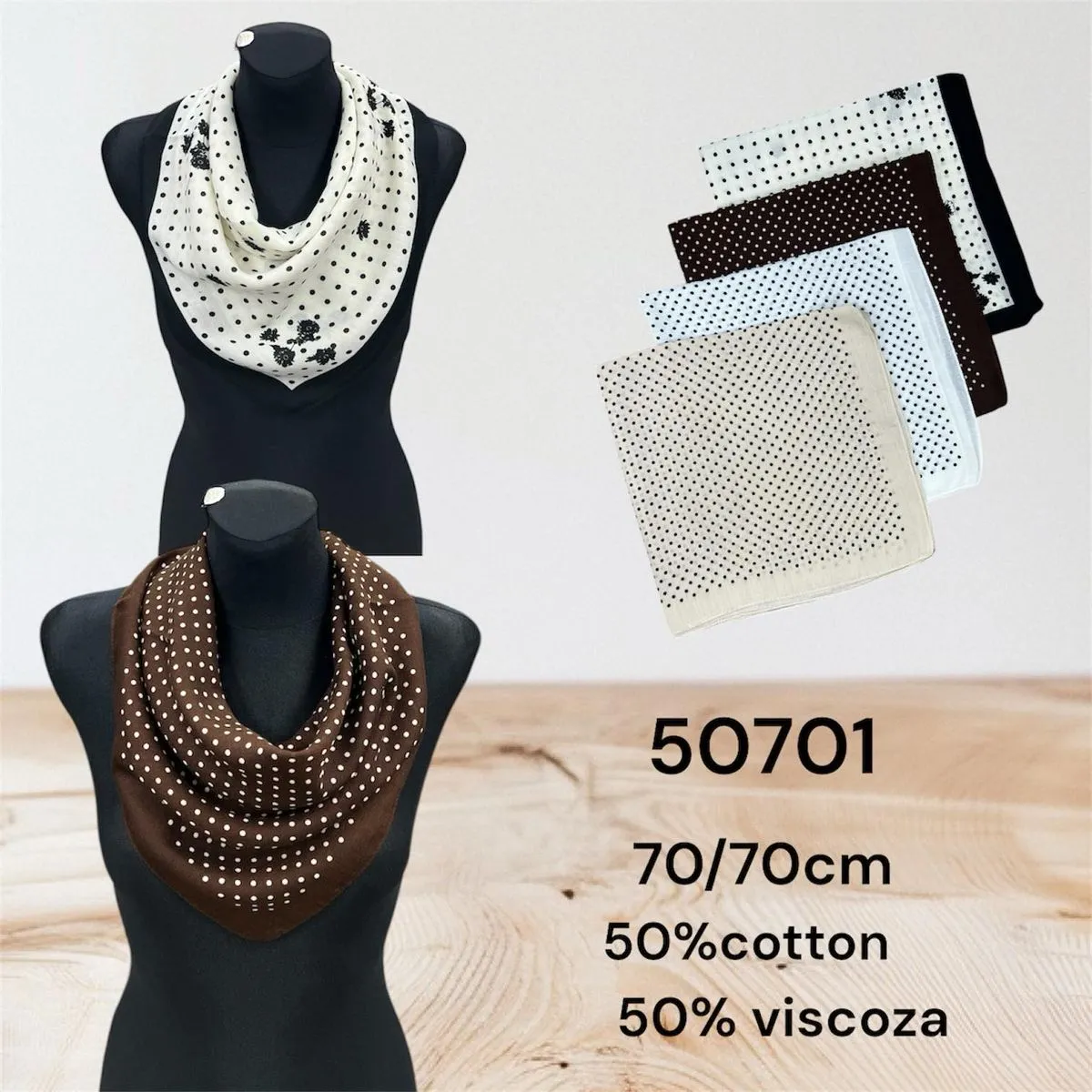 Szaliki damskie w kropki 70/70cm 50% bawełna 50% wiskoza