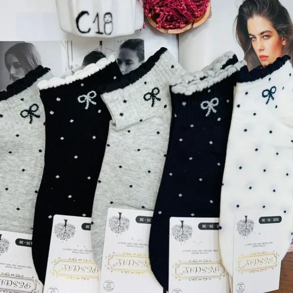 Skarpetki damskie z kokardkami C18, szare/czarne/białe, SKU 20426-59