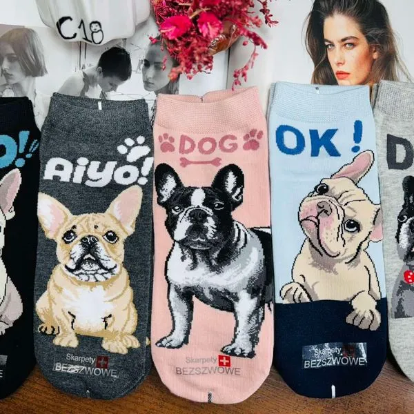 Skarpetki damskie z motywem buldoga francuskiego 5 kolorów