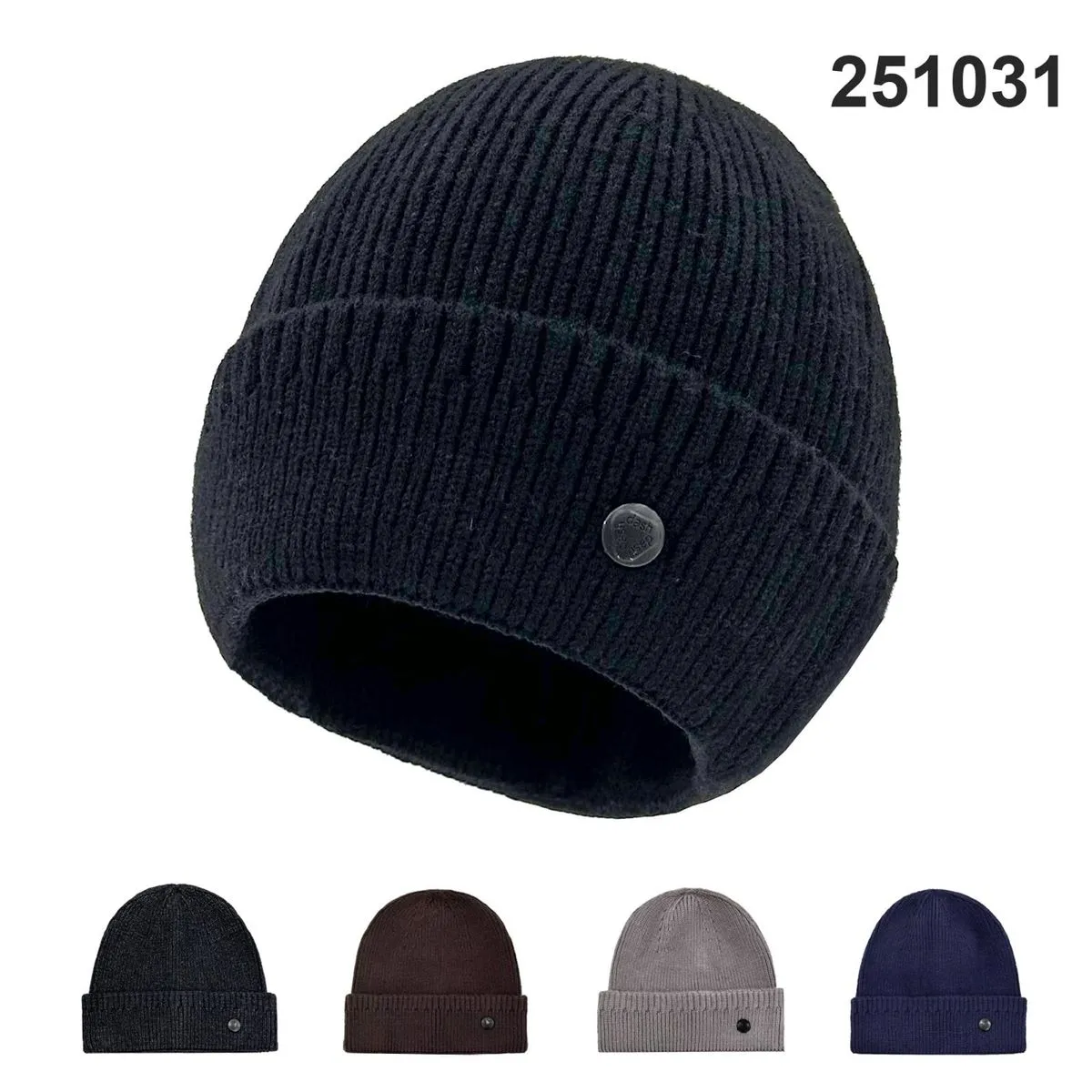 Czapka Zimowa Męska Prążkowana z Naszywką Mix Kolorów 12szt